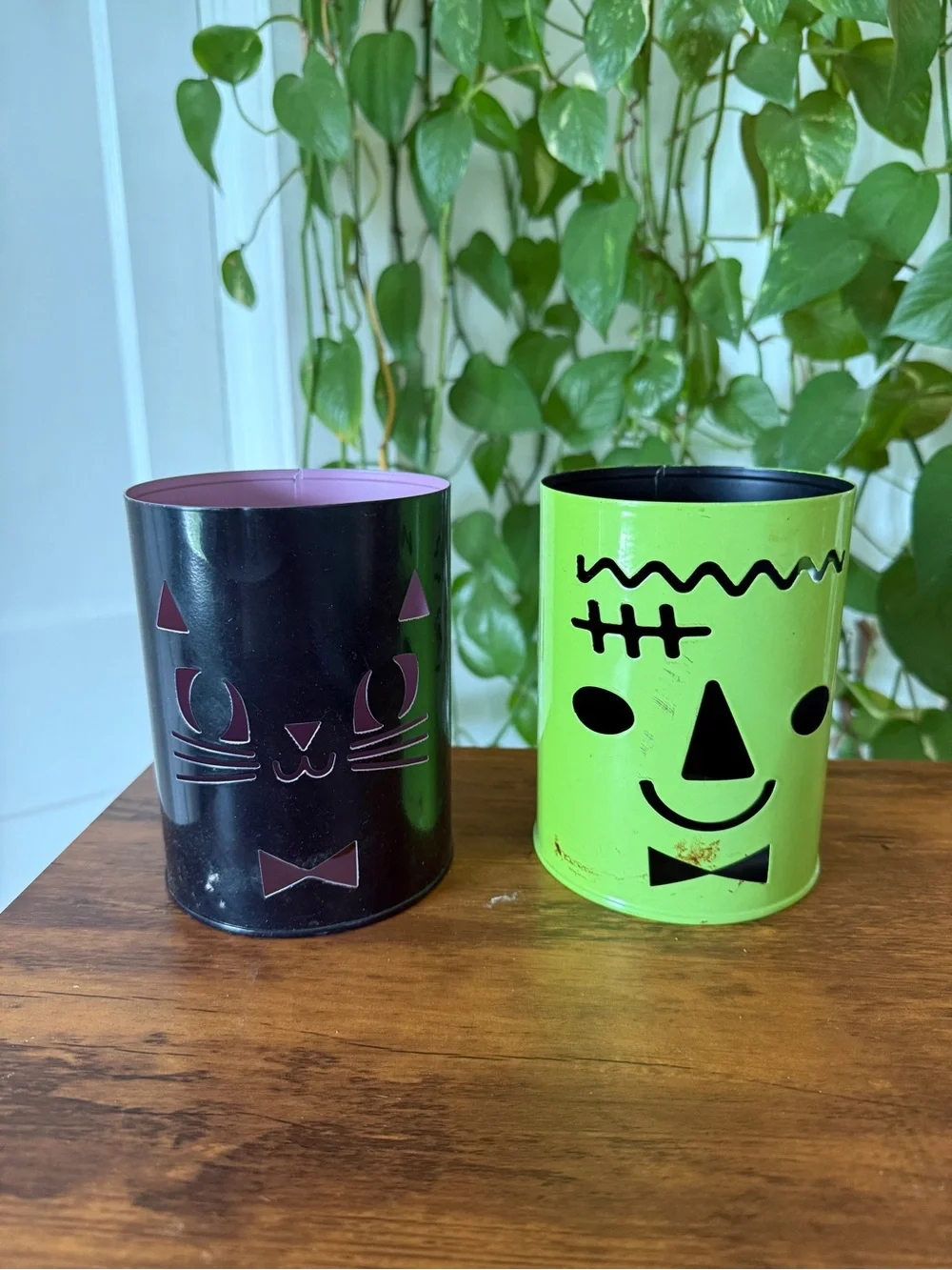 Black Cat and Lime Green Frankenstein Decorative Metal Candle Holders
